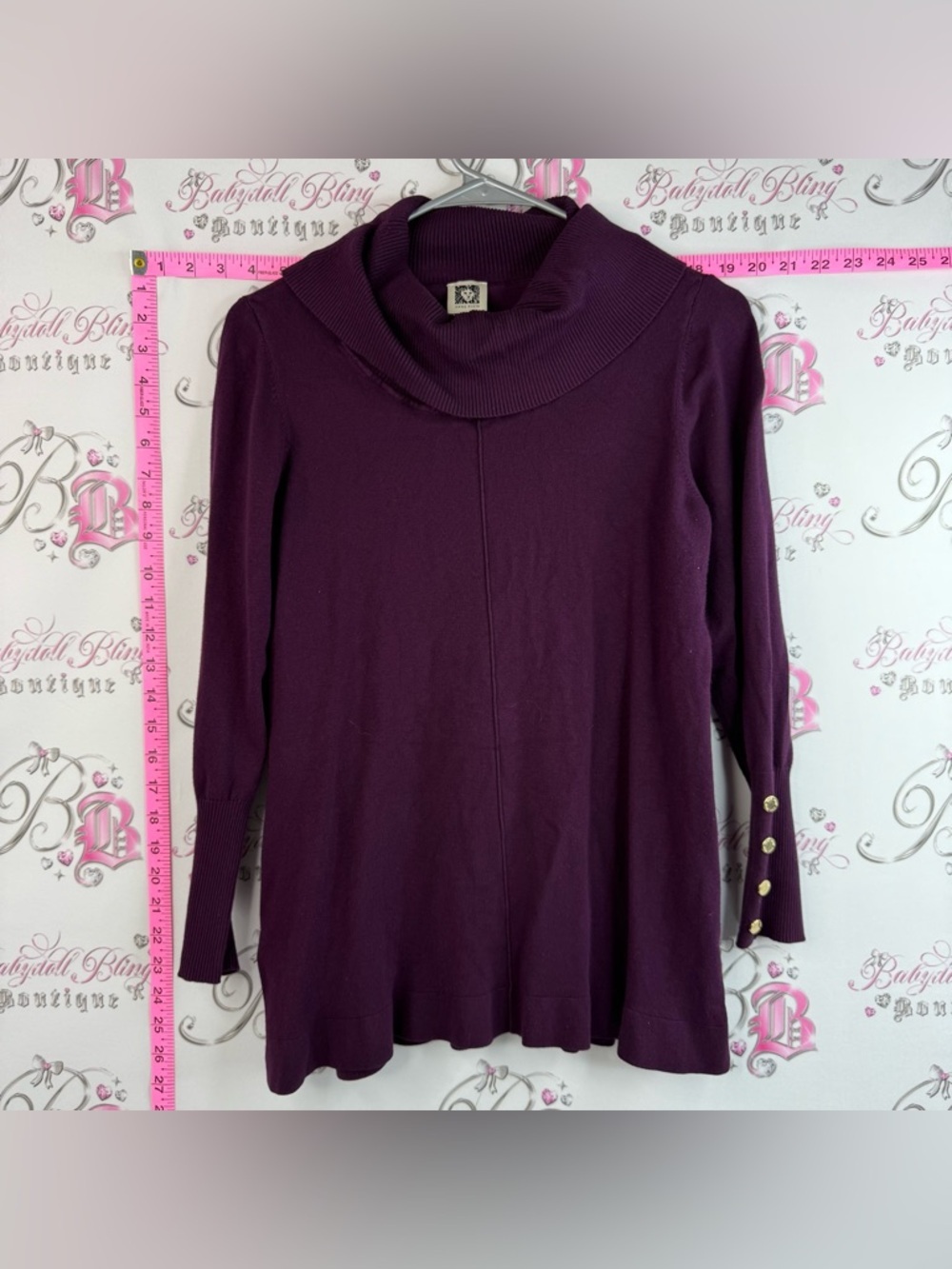 Anne Klein Plum Cowl Neck Sweater Tunic with Gold Button Cuffs